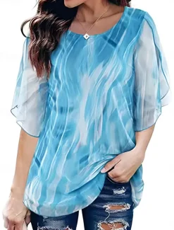 Discount Women's Shirt Blouse Floral Casual 3/4 Length Sleeve Crew Neck Regular Tops Daily Mesh Patchwork Print Black Wine Blue Summer Spring Women Spring Tops