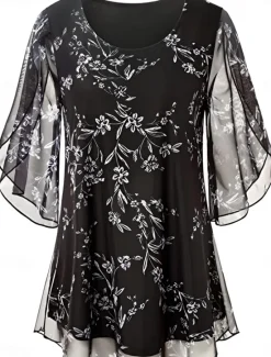Discount Women's Shirt Blouse Floral Casual 3/4 Length Sleeve Crew Neck Regular Tops Daily Mesh Patchwork Print Black Wine Blue Summer Spring Women Spring Tops