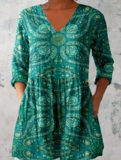 Discount Women's Shirt Blouse Floral Bohemia Daily Retro Vintage Long Sleeve V Neck Regular Tops Daily Print Wine Fuchsia Green Summer Spring Women Spring Tops