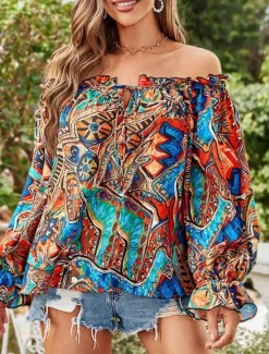 New Women's Shirt Blouse Floral Bohemia Retro Vintage Casual Long Sleeve Off Shoulder Regular Tops Daily Backless Print Blue Green Summer Spring Fall Women Blouses & Shirts|Spring Tops