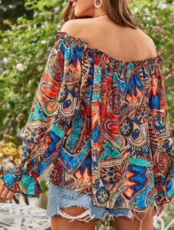 New Women's Shirt Blouse Floral Bohemia Retro Vintage Casual Long Sleeve Off Shoulder Regular Tops Daily Backless Print Blue Green Summer Spring Fall Women Blouses & Shirts|Spring Tops