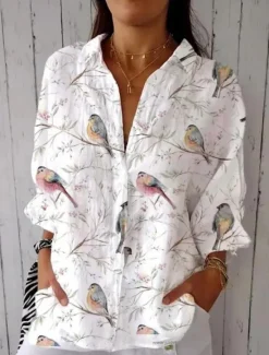 Discount Women's Shirt Blouse Floral Casual 3/4 Length Sleeve Shirt Collar Regular Tops Daily Patchwork Buttons White Green Fall Winter Women Spring Tops