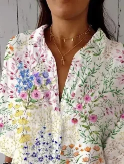 Discount Women's Shirt Blouse Floral Casual 3/4 Length Sleeve Shirt Collar Regular Tops Daily Patchwork Buttons White Green Fall Winter Women Spring Tops