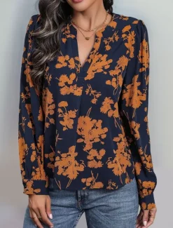 Outlet Women's Shirt Blouse Floral Stylish Casual Long Sleeve Notched Neck Regular Tops Daily Print Summer Spring Fall Women Blouses & Shirts|Spring Tops