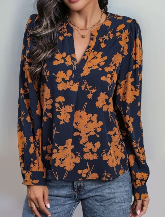 Outlet Women's Shirt Blouse Floral Stylish Casual Long Sleeve Notched Neck Regular Tops Daily Print Summer Spring Fall Women Blouses & Shirts|Spring Tops