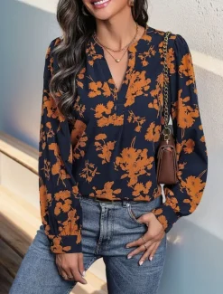 Outlet Women's Shirt Blouse Floral Stylish Casual Long Sleeve Notched Neck Regular Tops Daily Print Summer Spring Fall Women Blouses & Shirts|Spring Tops
