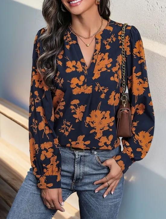 Outlet Women's Shirt Blouse Floral Stylish Casual Long Sleeve Notched Neck Regular Tops Daily Print Summer Spring Fall Women Blouses & Shirts|Spring Tops