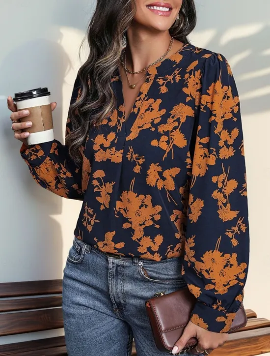 Outlet Women's Shirt Blouse Floral Stylish Casual Long Sleeve Notched Neck Regular Tops Daily Print Summer Spring Fall Women Blouses & Shirts|Spring Tops