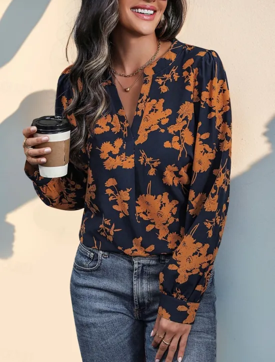 Outlet Women's Shirt Blouse Floral Stylish Casual Long Sleeve Notched Neck Regular Tops Daily Print Summer Spring Fall Women Blouses & Shirts|Spring Tops