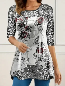 Online Women's Shirt Blouse Floral Casual Long Sleeve Crew Neck Regular Tops Daily Patchwork Print White Purple Spring & Fall Women Spring Tops