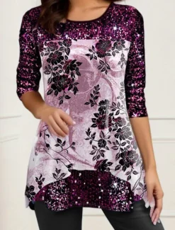 Online Women's Shirt Blouse Floral Casual Long Sleeve Crew Neck Regular Tops Daily Patchwork Print White Purple Spring & Fall Women Spring Tops