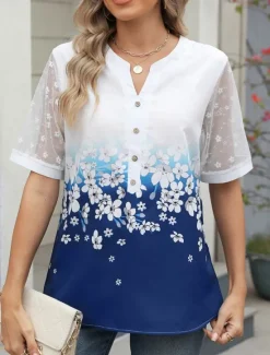 Best Women's Shirt Blouse Floral Stylish Casual Short Sleeve Notched Neck Regular Tops Daily Mesh Buttons Print Black Blue Summer Spring Women Spring Tops