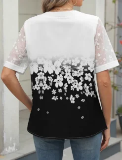 Best Women's Shirt Blouse Floral Stylish Casual Short Sleeve Notched Neck Regular Tops Daily Mesh Buttons Print Black Blue Summer Spring Women Spring Tops