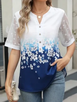 Best Women's Shirt Blouse Floral Stylish Casual Short Sleeve Notched Neck Regular Tops Daily Mesh Buttons Print Black Blue Summer Spring Women Spring Tops
