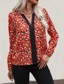 Clearance Women's Shirt Blouse Floral Stylish Casual Long Sleeve V Neck Regular Tops Daily Print Summer Spring Fall Women Blouses & Shirts|T-Shirts