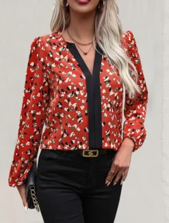 Clearance Women's Shirt Blouse Floral Stylish Casual Long Sleeve V Neck Regular Tops Daily Print Summer Spring Fall Women Blouses & Shirts|T-Shirts