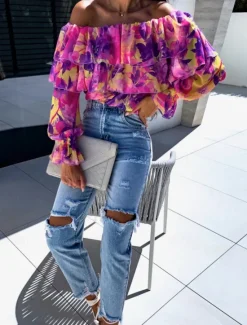 Outlet Women's Shirt Blouse Floral Leaf Stylish Casual Long Sleeve Off Shoulder Regular Tops Daily Ruffle Print Yellow Pink Purple Green Summer Spring Women Spring Tops|Blouses & Shirts