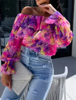 Outlet Women's Shirt Blouse Floral Leaf Stylish Casual Long Sleeve Off Shoulder Regular Tops Daily Ruffle Print Yellow Pink Purple Green Summer Spring Women Spring Tops|Blouses & Shirts