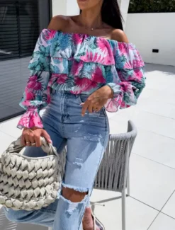 Outlet Women's Shirt Blouse Floral Leaf Stylish Casual Long Sleeve Off Shoulder Regular Tops Daily Ruffle Print Yellow Pink Purple Green Summer Spring Women Spring Tops|Blouses & Shirts