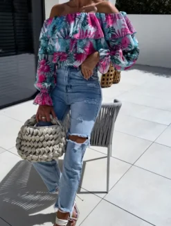 Outlet Women's Shirt Blouse Floral Leaf Stylish Casual Long Sleeve Off Shoulder Regular Tops Daily Ruffle Print Yellow Pink Purple Green Summer Spring Women Spring Tops|Blouses & Shirts