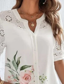 Women's Shirt Blouse Floral Stylish Casual Short Sleeve Shirt Collar Regular Tops Daily Lace Patchwork Buttons Pink Blue Summer Spring Women Blouses & Shirts