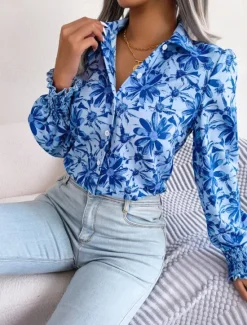 New Women's Shirt Blouse Floral Stylish Casual Long Sleeve Shirt Collar Regular Tops Daily Buttons Print Blue Summer Spring Fall Women Spring Tops