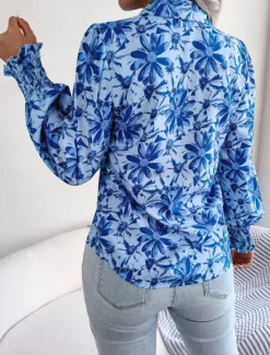 New Women's Shirt Blouse Floral Stylish Casual Long Sleeve Shirt Collar Regular Tops Daily Buttons Print Blue Summer Spring Fall Women Spring Tops