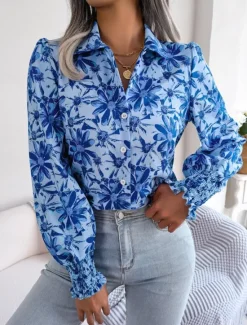 New Women's Shirt Blouse Floral Stylish Casual Long Sleeve Shirt Collar Regular Tops Daily Buttons Print Blue Summer Spring Fall Women Spring Tops