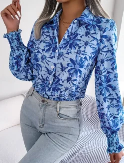New Women's Shirt Blouse Floral Stylish Casual Long Sleeve Shirt Collar Regular Tops Daily Buttons Print Blue Summer Spring Fall Women Spring Tops
