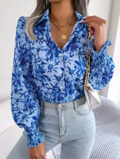 New Women's Shirt Blouse Floral Stylish Casual Long Sleeve Shirt Collar Regular Tops Daily Buttons Print Blue Summer Spring Fall Women Spring Tops