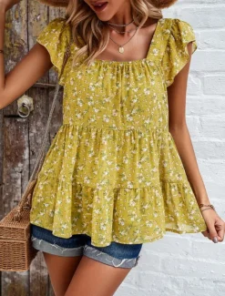 New Women's Shirt Blouse Floral Stylish Casual Short Sleeve Square Neck Regular Tops Daily Ruffle Print Black Yellow Red Beige Summer Women Spring Tops