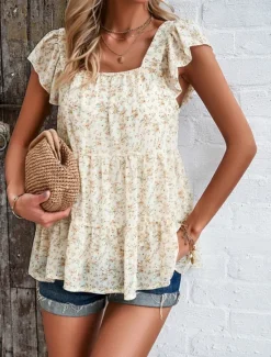 New Women's Shirt Blouse Floral Stylish Casual Short Sleeve Square Neck Regular Tops Daily Ruffle Print Black Yellow Red Beige Summer Women Spring Tops