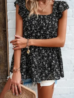New Women's Shirt Blouse Floral Stylish Casual Short Sleeve Square Neck Regular Tops Daily Ruffle Print Black Yellow Red Beige Summer Women Spring Tops