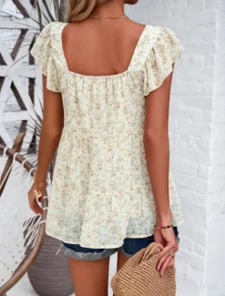 New Women's Shirt Blouse Floral Stylish Casual Short Sleeve Square Neck Regular Tops Daily Ruffle Print Black Yellow Red Beige Summer Women Spring Tops