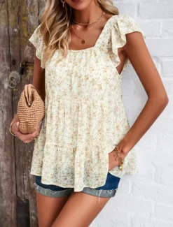 New Women's Shirt Blouse Floral Stylish Casual Short Sleeve Square Neck Regular Tops Daily Ruffle Print Black Yellow Red Beige Summer Women Spring Tops