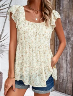 New Women's Shirt Blouse Floral Stylish Casual Short Sleeve Square Neck Regular Tops Daily Ruffle Print Black Yellow Red Beige Summer Women Spring Tops