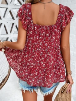New Women's Shirt Blouse Floral Stylish Casual Short Sleeve Square Neck Regular Tops Daily Ruffle Print Black Yellow Red Beige Summer Women Spring Tops