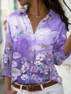 Online Women's Shirt Blouse Floral Stylish Casual Long Sleeve Shirt Collar Regular Tops Daily Buttons Print Pink Blue Purple Orange Summer Spring Women Spring Tops