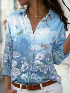 Online Women's Shirt Blouse Floral Stylish Casual Long Sleeve Shirt Collar Regular Tops Daily Buttons Print Pink Blue Purple Orange Summer Spring Women Spring Tops