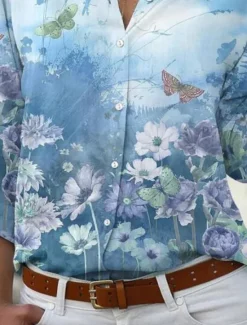 Online Women's Shirt Blouse Floral Stylish Casual Long Sleeve Shirt Collar Regular Tops Daily Buttons Print Pink Blue Purple Orange Summer Spring Women Spring Tops