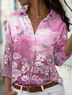 Online Women's Shirt Blouse Floral Stylish Casual Long Sleeve Shirt Collar Regular Tops Daily Buttons Print Pink Blue Purple Orange Summer Spring Women Spring Tops