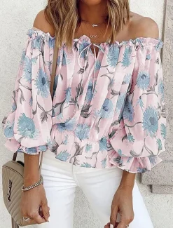Women's Shirt Blouse Floral Fashion Long Sleeve Cold Shoulder Off Shoulder Regular Tops Casual Holiday Lace up Buttons Print White Pink Blue Beige Summer Women Blouses & Shirts