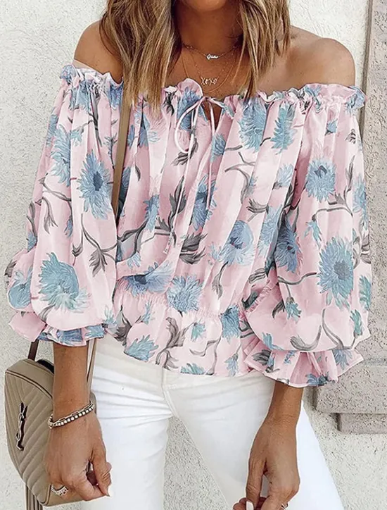 Women's Shirt Blouse Floral Fashion Long Sleeve Cold Shoulder Off Shoulder Regular Tops Casual Holiday Lace up Buttons Print White Pink Blue Beige Summer Women Blouses & Shirts