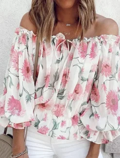 Women's Shirt Blouse Floral Fashion Long Sleeve Cold Shoulder Off Shoulder Regular Tops Casual Holiday Lace up Buttons Print White Pink Blue Beige Summer Women Blouses & Shirts