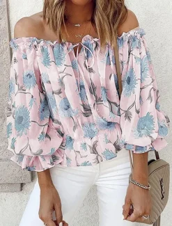 Women's Shirt Blouse Floral Fashion Long Sleeve Cold Shoulder Off Shoulder Regular Tops Casual Holiday Lace up Buttons Print White Pink Blue Beige Summer Women Blouses & Shirts