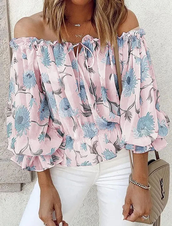 Women's Shirt Blouse Floral Fashion Long Sleeve Cold Shoulder Off Shoulder Regular Tops Casual Holiday Lace up Buttons Print White Pink Blue Beige Summer Women Blouses & Shirts
