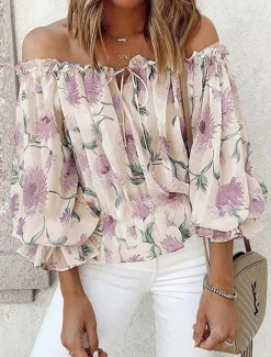 Women's Shirt Blouse Floral Fashion Long Sleeve Cold Shoulder Off Shoulder Regular Tops Casual Holiday Lace up Buttons Print White Pink Blue Beige Summer Women Blouses & Shirts