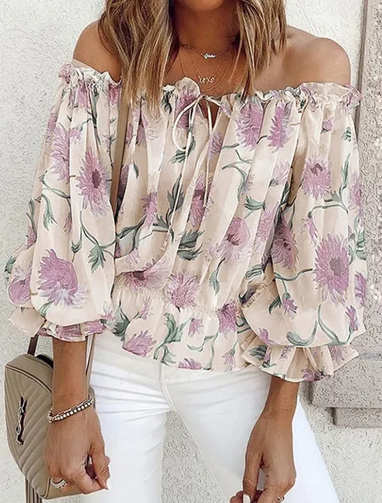 Women's Shirt Blouse Floral Fashion Long Sleeve Cold Shoulder Off Shoulder Regular Tops Casual Holiday Lace up Buttons Print White Pink Blue Beige Summer Women Blouses & Shirts