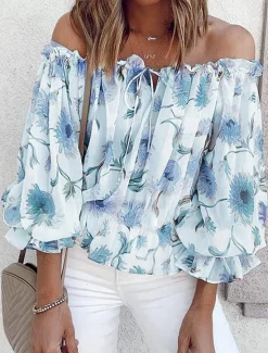 Women's Shirt Blouse Floral Fashion Long Sleeve Cold Shoulder Off Shoulder Regular Tops Casual Holiday Lace up Buttons Print White Pink Blue Beige Summer Women Blouses & Shirts