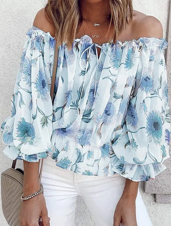 Women's Shirt Blouse Floral Fashion Long Sleeve Cold Shoulder Off Shoulder Regular Tops Casual Holiday Lace up Buttons Print White Pink Blue Beige Summer Women Blouses & Shirts